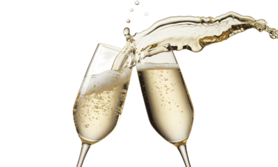 Two Champagne Flutes Toasting with Sparkling Wine Splash, Festive Celebration, New Years Eve, Holiday Cheers