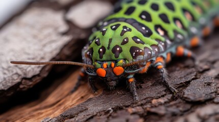 Extreme close-up of caterpillar with bright patterns and tiny spines, positioned on rough bark surface