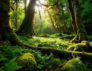 Sunlit Mossy Forest with Lush Green.