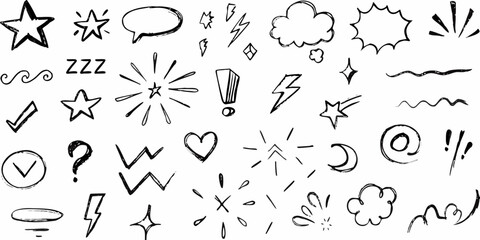 Diverse Hand Drawn Doodle Icons With Stars Hearts Arrows And Clouds sketch drawing