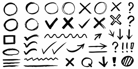 Black hand drawn check marks crosses circles question marks and exclamation points vector illustration