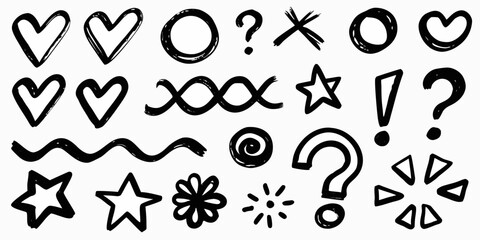 Hand Drawn Black Doodle Icons Hearts Stars Circles Question Marks Exclamation Marks vector illustration