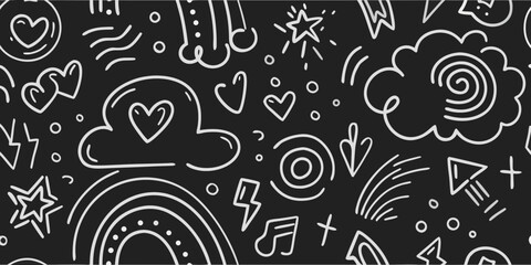 Seamless Pattern of White Doodle Elements on Black Background vector illustration