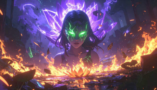 Surreal Anime Phonk Cover &ndash; Faceless Masked Character with Neon Lotus Energy
