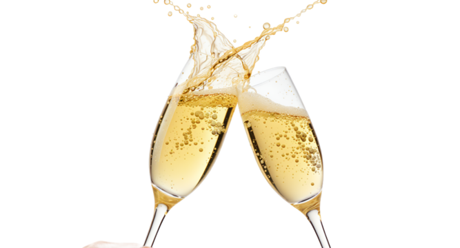 Two Champagne Flutes Toasting and Splashing on White Background
