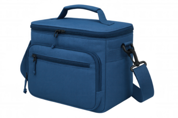 Blue lunch bag hanging from shoulder strap, studio-photographed against transparent backdrop
