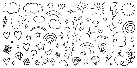 White hand drawn doodle elements with stars clouds hearts lightning and flowers black background