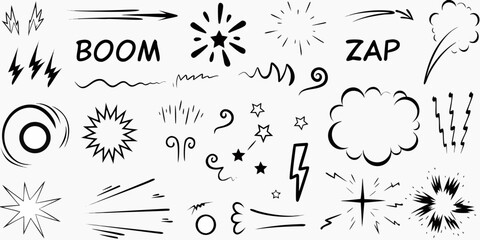 Comic Book Style Doodle Elements with Words Boom and Zap vector illustration