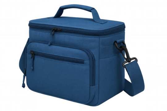 Blue lunch bag hanging from shoulder strap, studio-photographed against transparent backdrop