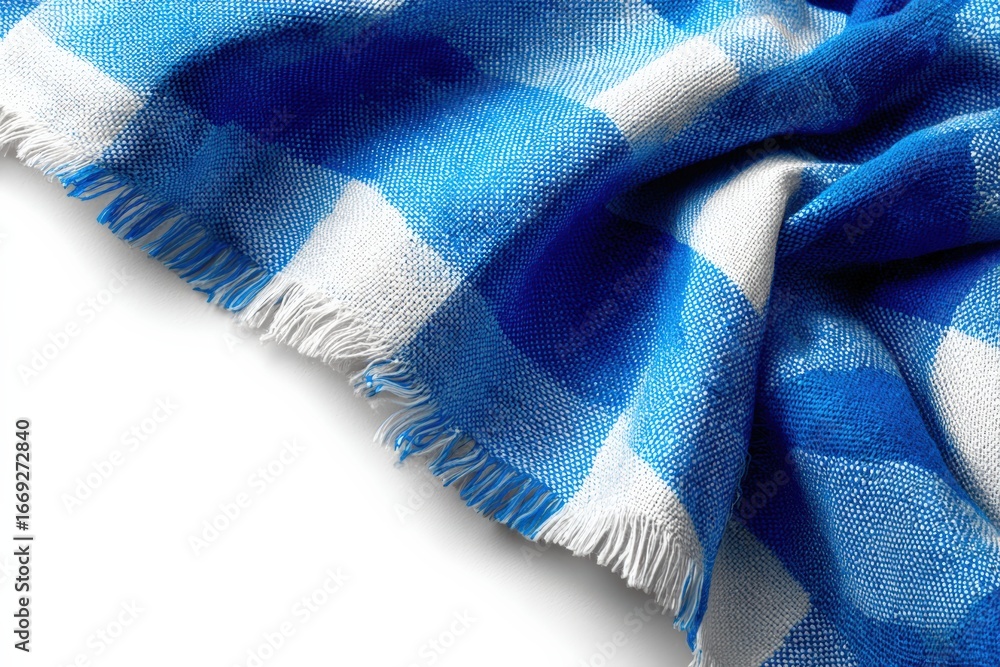 Poster blue and white checkered tablecloth with fringe resting on a white background, creating a textured a