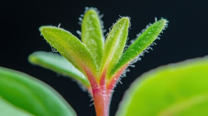 Extreme macro of seedling with fuzzy roots and vibrant leaves, revealing hidden textures of early plant life