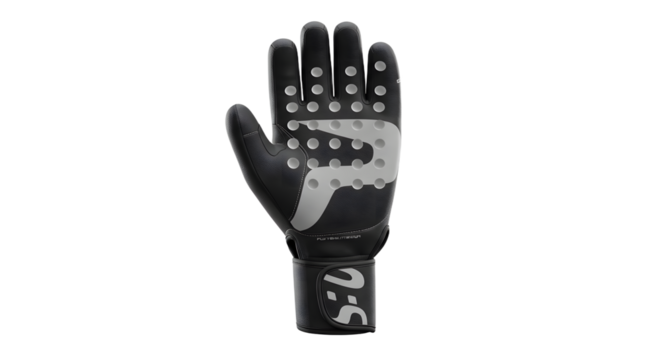 Black goalkeeper glove with grip dots isolated on white background, ideal for soccer players and sports safety
