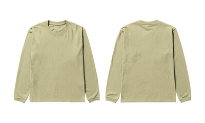 Plain beige long sleeve t-shirt front and back view isolated