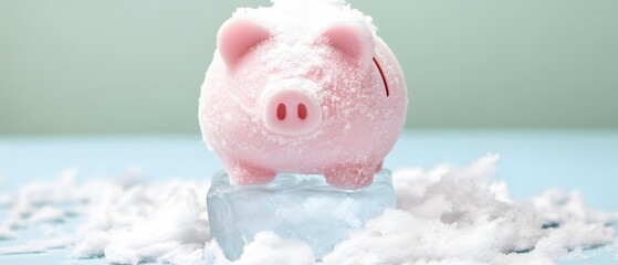 Frozen Piggy Bank on Ice Cube Concept Image