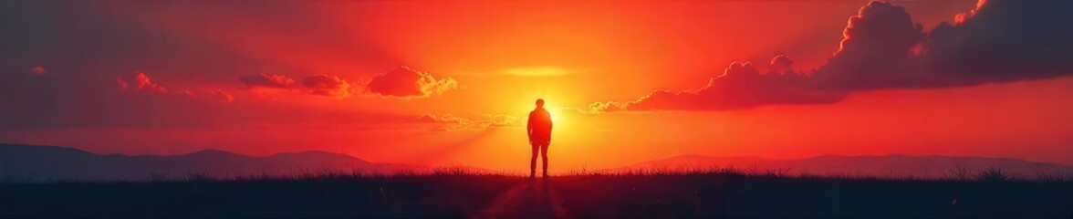 A lone figure stands apart, silhouetted against a vibrant sunset, emphasizing a feeling of solitude and isolation  The image evokes themes of separation and introspection , conclusion, sky, orange