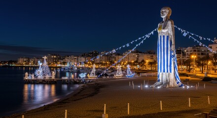 Nighttime Coastal Cityscape Featuring a Lit-Up Statue and Festive Christmas Decorations
