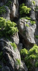 Obraz premium Close-up view of a rocky cliff face with lush greenery. Gray and light tan rocks are uneven and layered, with small, vibrant green plants and shrubs clinging to the crevices and ledges. 