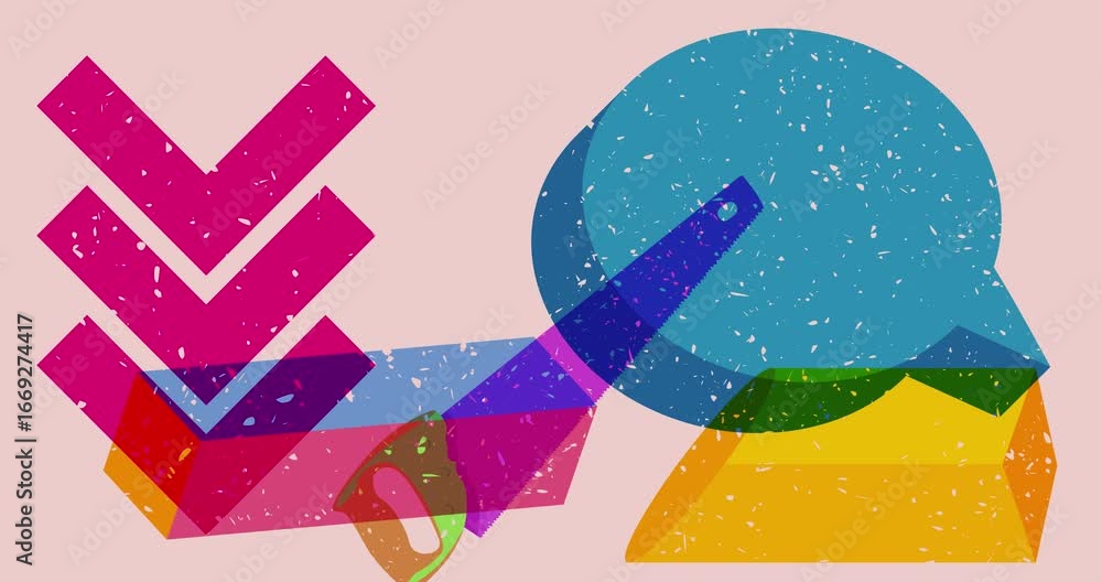 Poster risograph saw and speech bubble with geometric shapes animation. moving object in trendy riso graph 