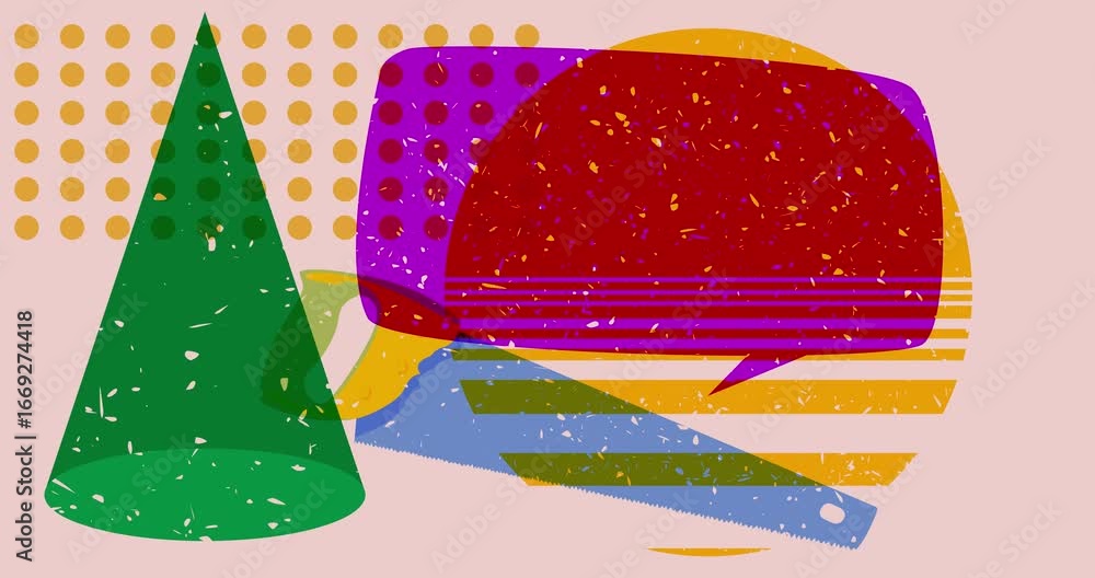 Poster risograph saw and speech bubble with geometric shapes animation. moving object in trendy riso graph 