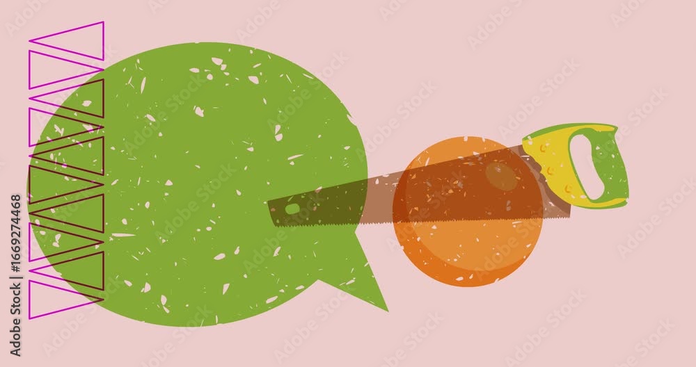Poster risograph saw and speech bubble with geometric shapes animation. moving object in trendy riso graph 