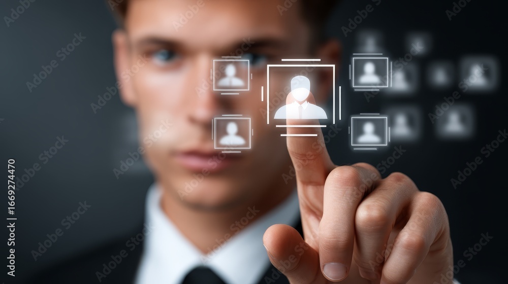 Poster man interacting with futuristic digital interface, a touch into the future of technology and innovat