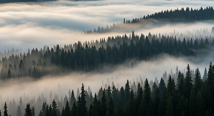 Fototapeta premium Misty mountains with foggy fir forest at sunrise