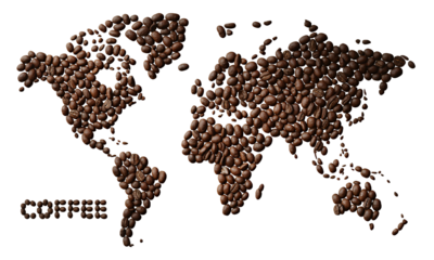 World map made of coffee beans, global coffee trade, roasted coffee beans