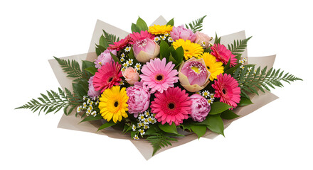Obraz premium Colorful bouquet of fresh pink, yellow, and white flowers with green leaves, perfect for weddings, celebrations, or gifts