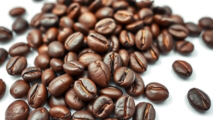 Obraz premium Aromatic dark roasted coffee beans scattered on a pristine white background, ready for brewing and enjoying a rich, energizing beverage