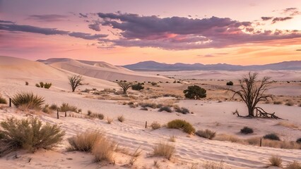 Vibrant desert landscape at sunset with dramatic clouds and joshua trees