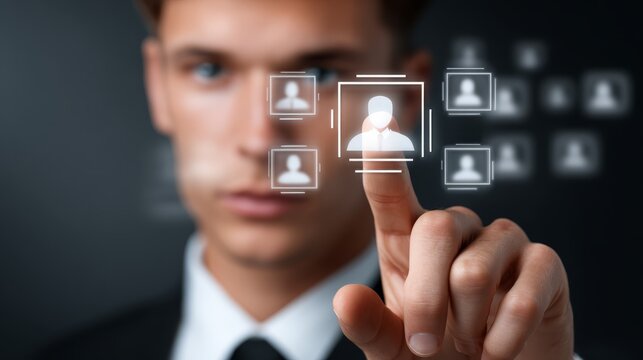 Man interacting with futuristic digital interface, a touch into the future of technology and innovation.