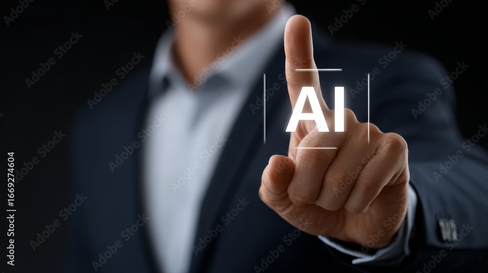 Poster man in suit demonstrates ai integration for business transformation and technological advancement.