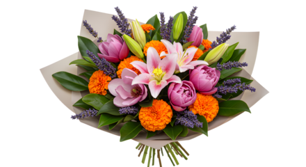 Colorful bouquet with pink tulips, orange marigolds, and lavender accents arranged with green leaves in paper wrapping, perfect for spring gifts