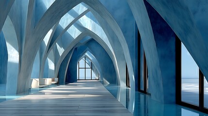 Blue - Toned Interior Space with Arched Architectural Elements, Minimalist Design for Copy Space