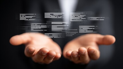 Businessman in suit navigating futuristic digital interface, a glimpse into modern technological innovation.