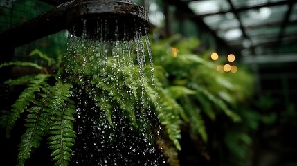 Close - up of Water Flowing from Showerhead over Green Ferns with Isolated Background 