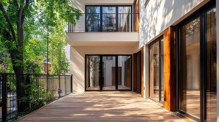 Fototapeta premium Closed terrace of a residential house with wooden and black metal windows, wooden floors,