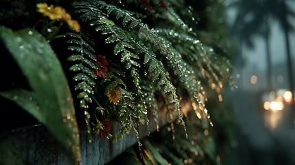 Ferns and Flowers with Dew Drops in Soft - Focus Background for Copy Space and Design Projects 