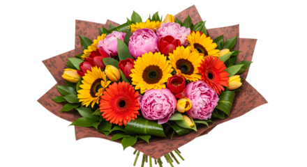 Colorful mixed flower bouquet with pink peonies, red roses, yellow tulips, sunflowers, and orange gerbera daisies wrapped in brown paper, perfect for gifts and celebrations