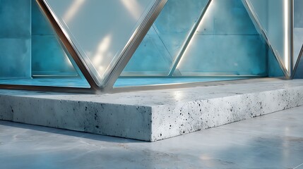 Minimalist Abstract Blue - Tinted Geometric Window with Concrete Platform and Isolated Background 