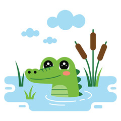 Green crocodile in water cartoon alligator vector illustration on white background
