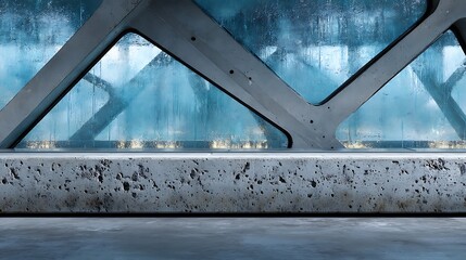 Concrete and Glass Abstract Interior Space with Blue - Tinted Frosted Windows for Copy Space