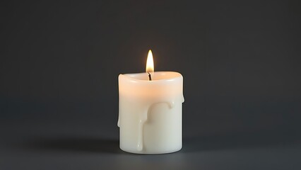 A single white pillar candle burns with a steady, warm flame, casting a soft, comforting glow against a dark, minimalist background, symbolizing peace and quiet reflection