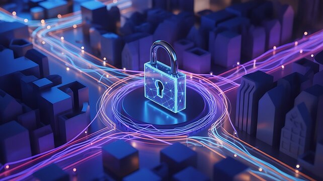 Glowing digital padlock secures abstract city network