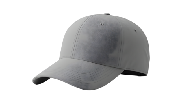 Gray baseball cap with curved brim isolated on black background, perfect for sportswear and casual fashion