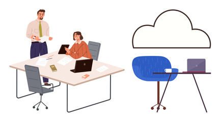 Professionals working at a desk with documents, tablets, and laptops, alongside a remote setup symbolized by a cloud outline. Ideal for teamwork, cloud computing, remote work, collaboration, business