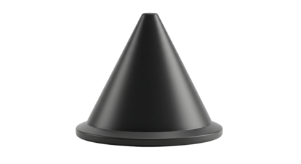 Black plastic cone-shaped traffic safety marker isolated on white background, perfect for training and road safety