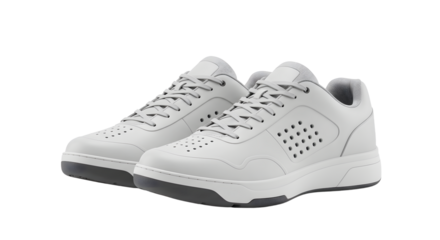 Pair of modern white sneakers with gray sole on white background, casual footwear for everyday use and sports activities