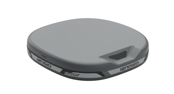 Round gray plastic gadget tracker device with black trim and a small cutout hole, modern technology accessory for keys or bags