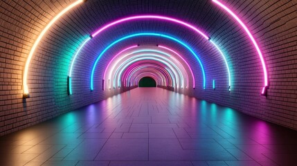 Futuristic brick tunnel flooded with vibrant, contrasting neon tones.